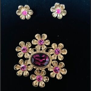 Vintage 1970's Brooch Gold Amethyst Pink Rhinestones Matching Earrings